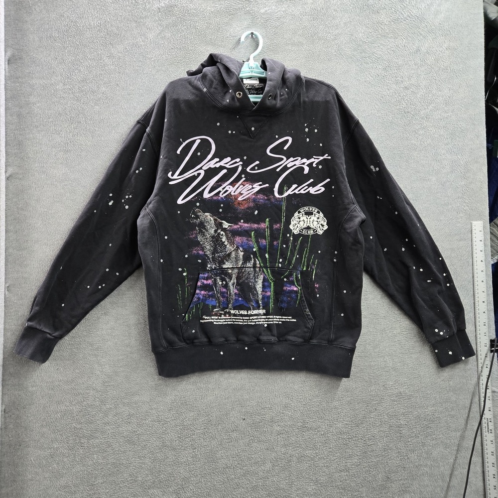 Dare Sport‎ Men Hoodie L Black Graphic Night Desert Wolf Splatter 550